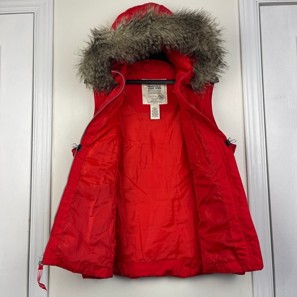 Eddie Bauer Womens L Down Faux Fur Hooded Puffer Vest Red White Trim Full Zip - Picture 4 of 8